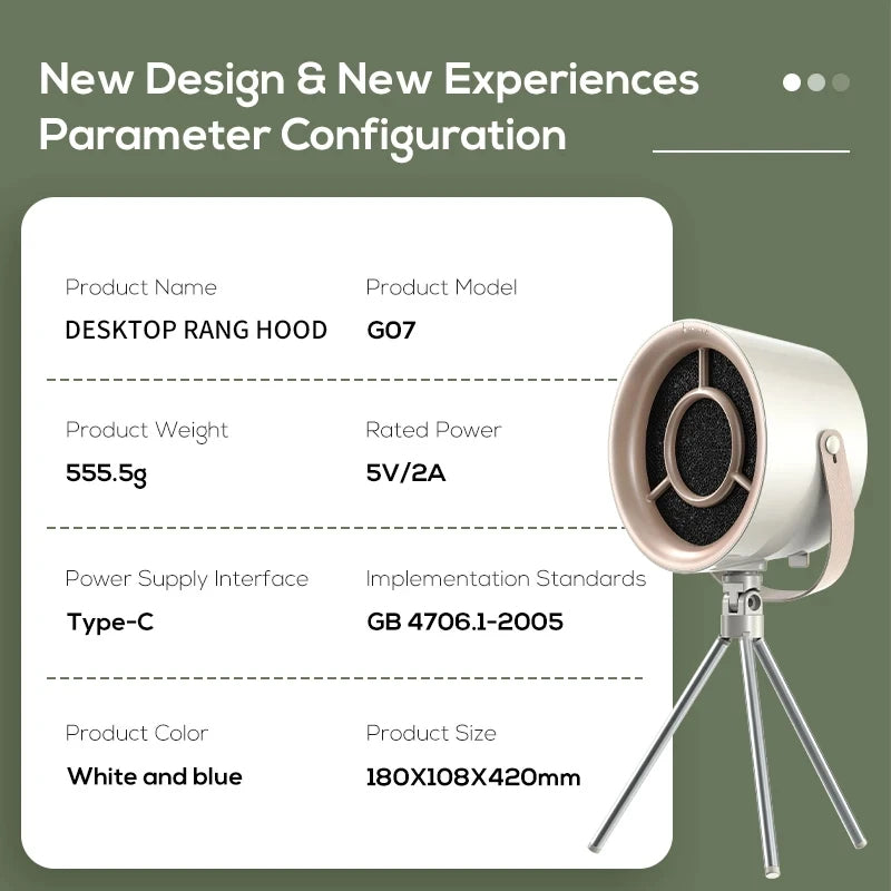 Specification card listing 555.5 g weight, 5V 2A rated power, Type-C power input and 180 by 108 by 420 mm size