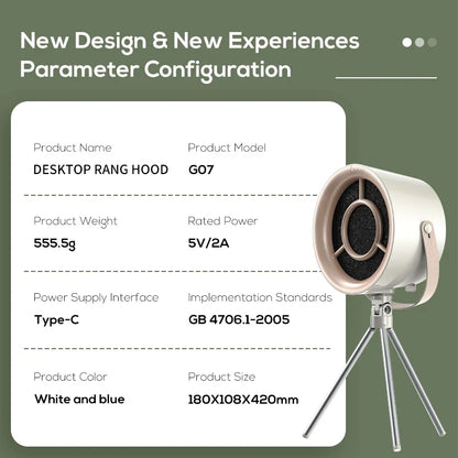 Specification card listing 555.5 g weight, 5V 2A rated power, Type-C power input and 180 by 108 by 420 mm size