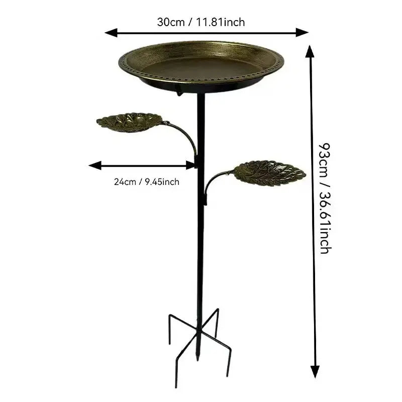 Metal geometric bird feeder shown with size dimensions