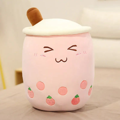 Close-up of the bubble tea plush pillow embroidered straw and face detail