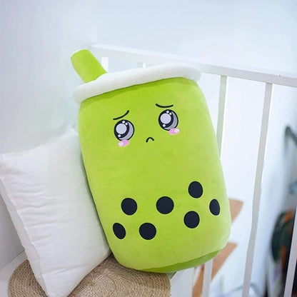 Bubble tea plush pillow size comparison chart showing available sizes