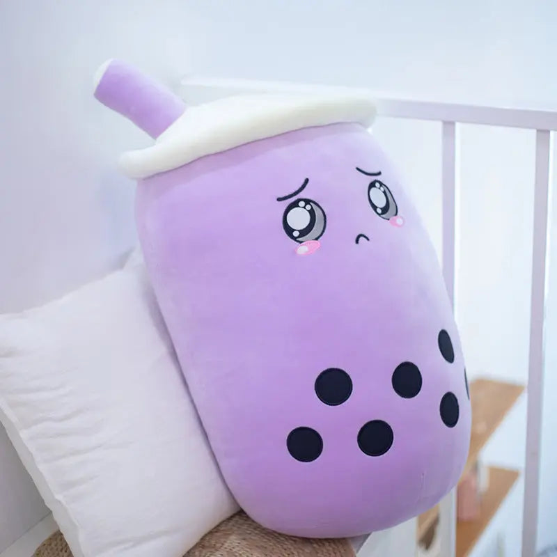 Close-up of the bubble tea plush pillow soft stuffed fabric texture