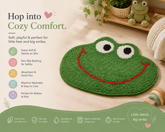 Green cartoon frog bath mat on a wooden floor, with features listed: super soft, non-slip backing, absorbent and quick dry, machine washable, suitable for babies and kids
