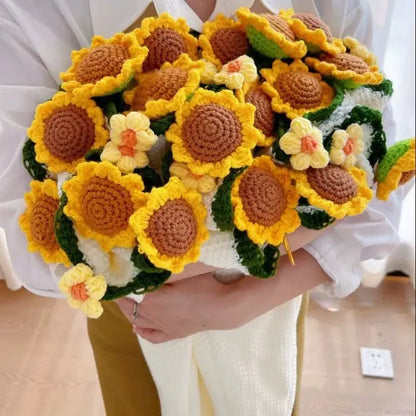 Floral woven cotton blanket folded into a yellow rose bouquet design