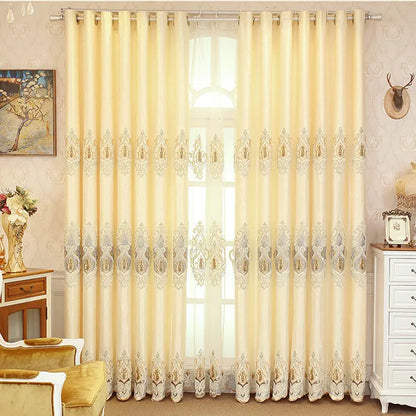 Crown embroidery cotton curtains styled beside a console table with vase