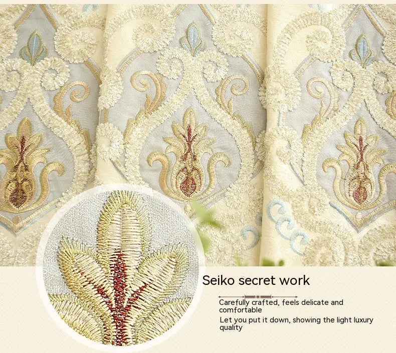 Close-up of the crown embroidery detail and craftsmanship on the curtain fabric