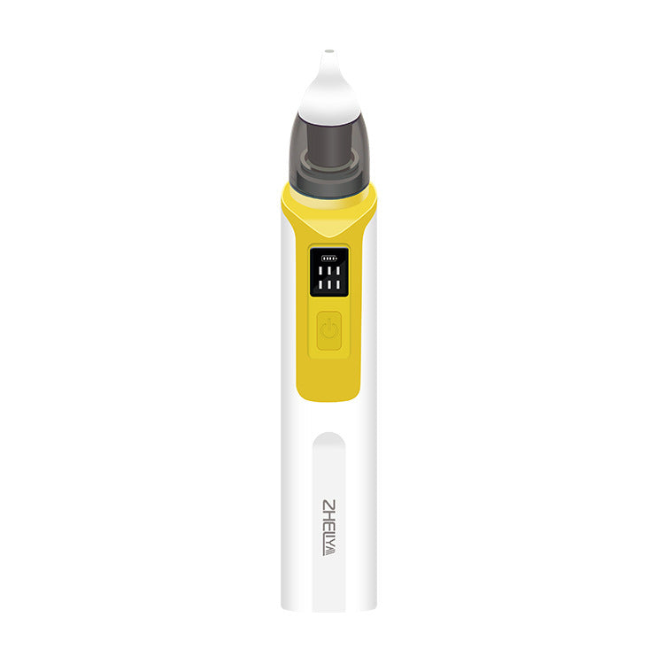 Yellow electric nasal aspirator front-on, showing the LED display and rounded silicone tip