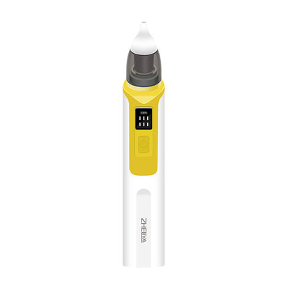 Yellow electric nasal aspirator front-on, showing the LED display and rounded silicone tip