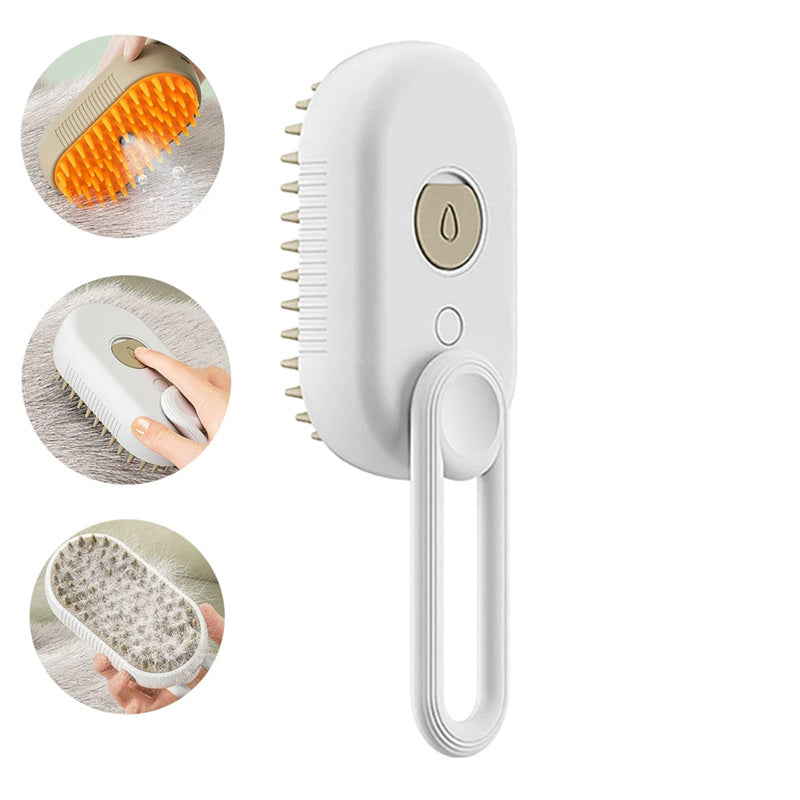 Porcelain white steam pet grooming brush with insets showing steam misting into fur, one-thumb operation, and loose fur collected in the bristles