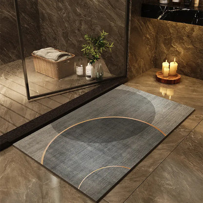Diatomaceous earth bathroom mat with a bold dark circular pattern in a styled bathroom