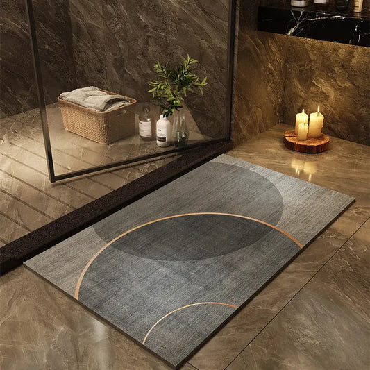 Diatomaceous earth bathroom mat with a bold dark circular pattern in a styled bathroom