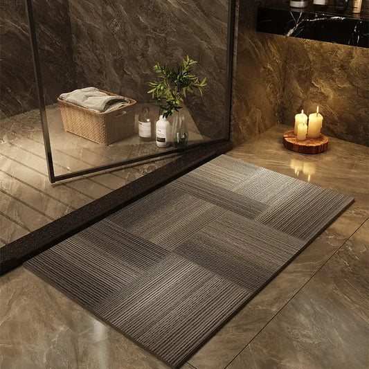 Diatomaceous earth bathroom mat styled in front of a bathroom vanity