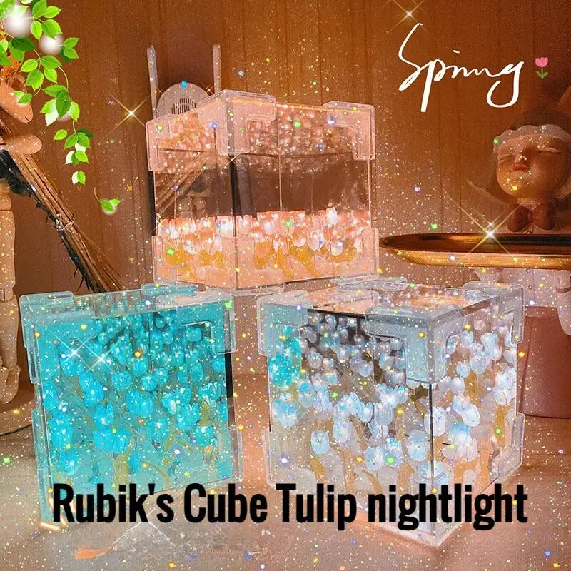 DIY tulip mirror Rubik's Cube style night light in three glowing colors
