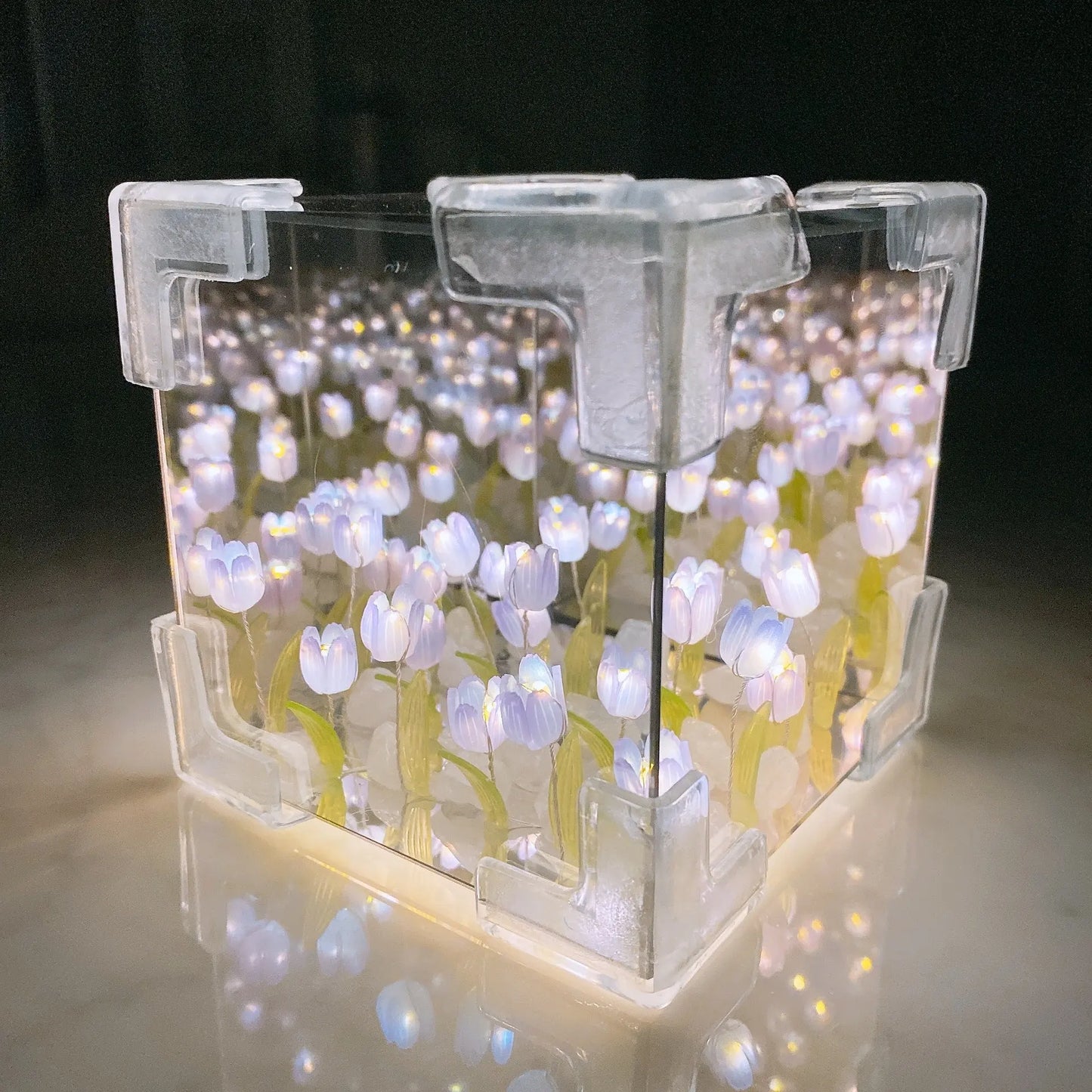 White DIY tulip mirror night light cube glowing, alternate angle