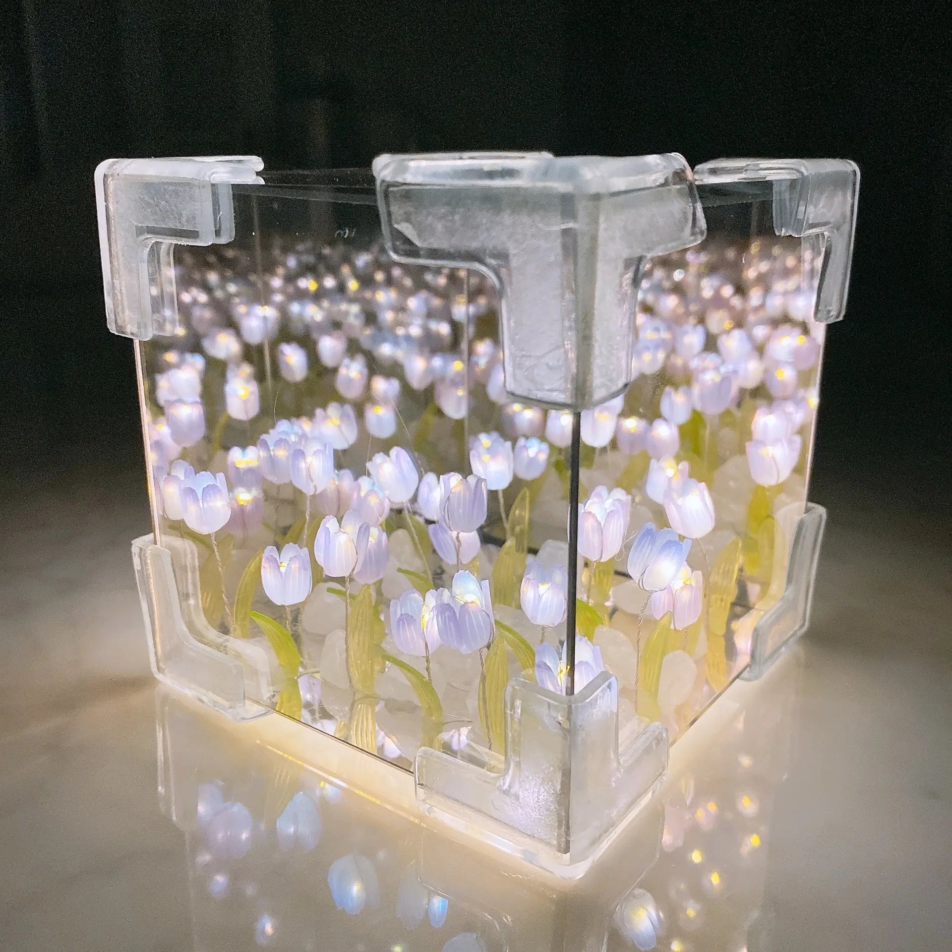 White DIY tulip mirror night light cube glowing, alternate angle