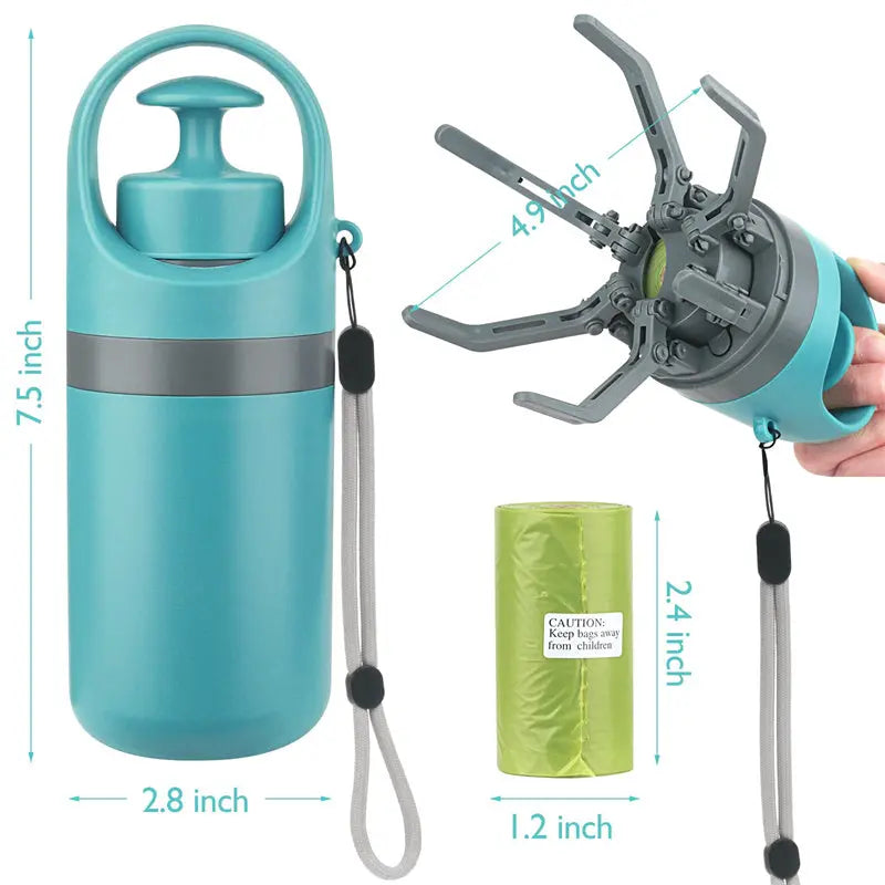 Dog pooper scooper shown with dimensions and included waste bags