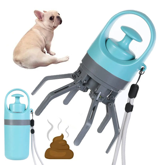 Portable dog pooper scooper with built-in bag dispenser shown beside a dog