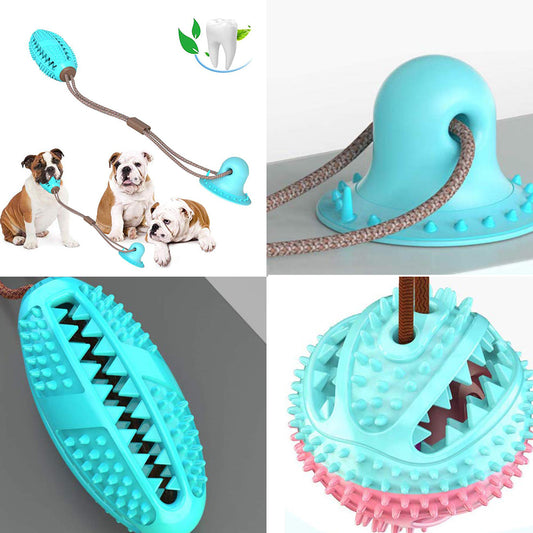 Silicone suction cup dog tug toy feature collage showing teeth cleaning and solo play