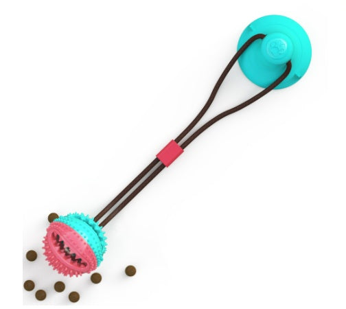 Silicone suction cup dog tug toy in teal and pink on a white background