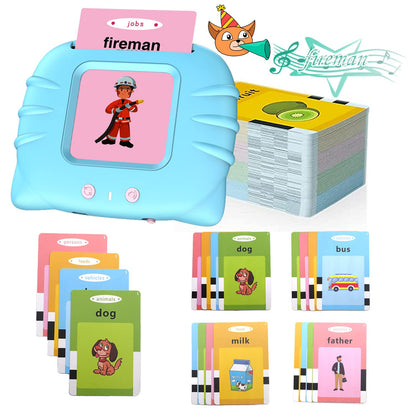 Blue learning machine showing a fireman card, with the full 112-card deck and colour-coded categories for persons, foods, vehicles and animals