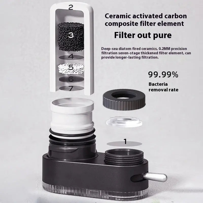 Faucet-mounted water purifier shown on a plain gray background