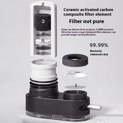 Faucet-mounted water purifier shown on a plain gray background