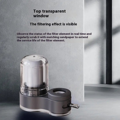 Faucet-mounted water purifier installation steps shown on multiple faucet types