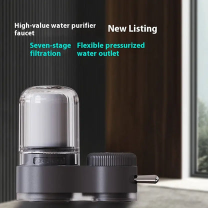 Faucet-mounted water purifier demonstrating clean water flow