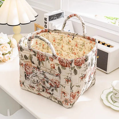 Floral cotton fabric storage basket in cream floral pattern