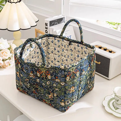 Floral cotton fabric storage basket in navy blue floral pattern