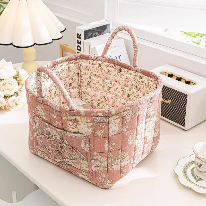 Floral cotton fabric storage basket in pink floral pattern