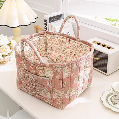 Floral cotton fabric storage basket in pink floral pattern