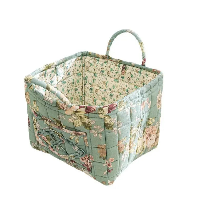 Floral cotton fabric storage basket in sage green floral pattern