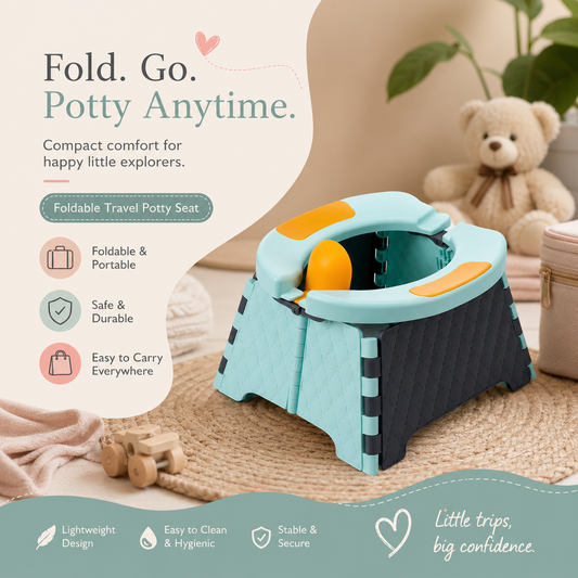 Mint and grey foldable travel potty seat on a woven rug, with features listed: foldable and portable, durable, easy to carry, lightweight, easy to clean, stable