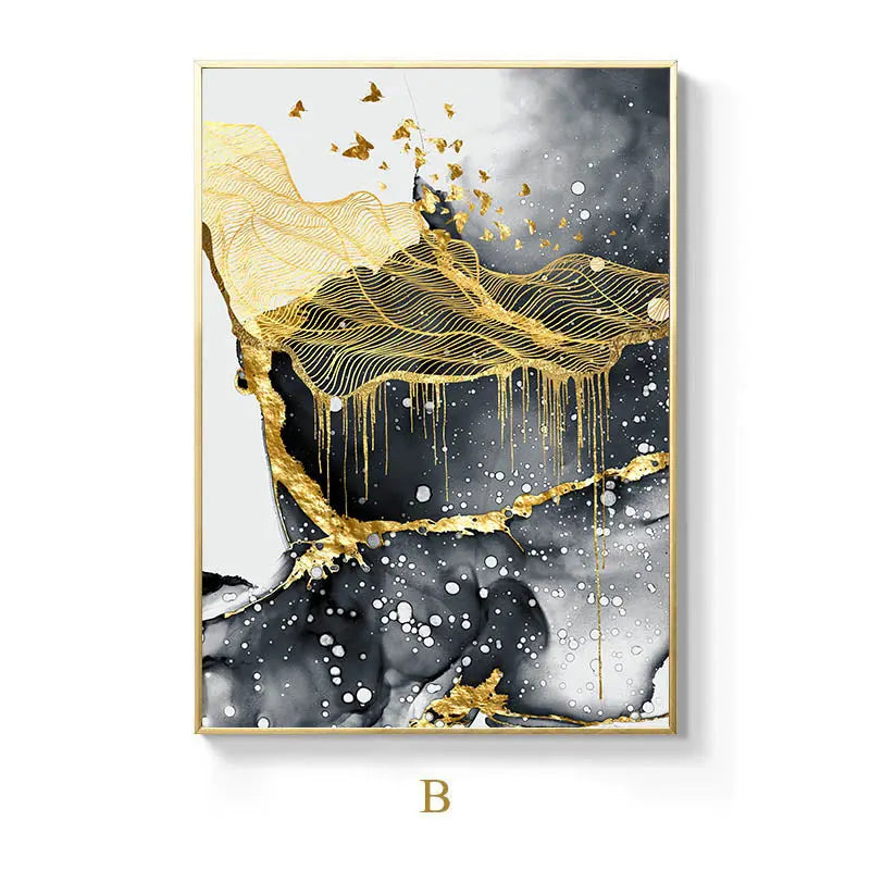 Gold, black, and white canvas wall art shown in available size options