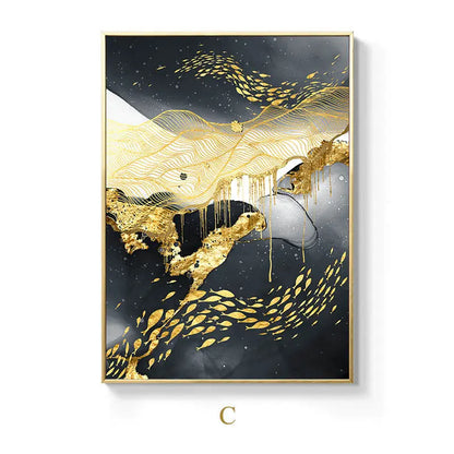 Gold, black, and white canvas wall art displayed against a plain white wall