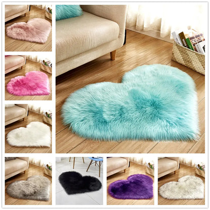 Heart-shaped fluffy rug in blush pink styled in a cozy bedroom