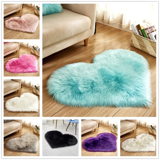 Heart-shaped fluffy rug in blush pink styled in a cozy bedroom