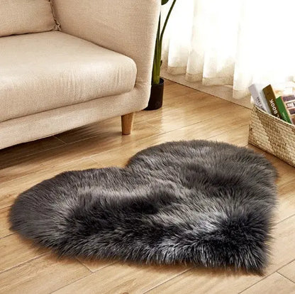 Heart-shaped fluffy rug styled in a full living room scene