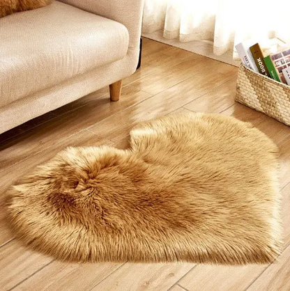 Heart-shaped fluffy rug underside showing non-slip backing