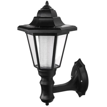 Solar hexagonal outdoor wall light shown in daylight to display the design