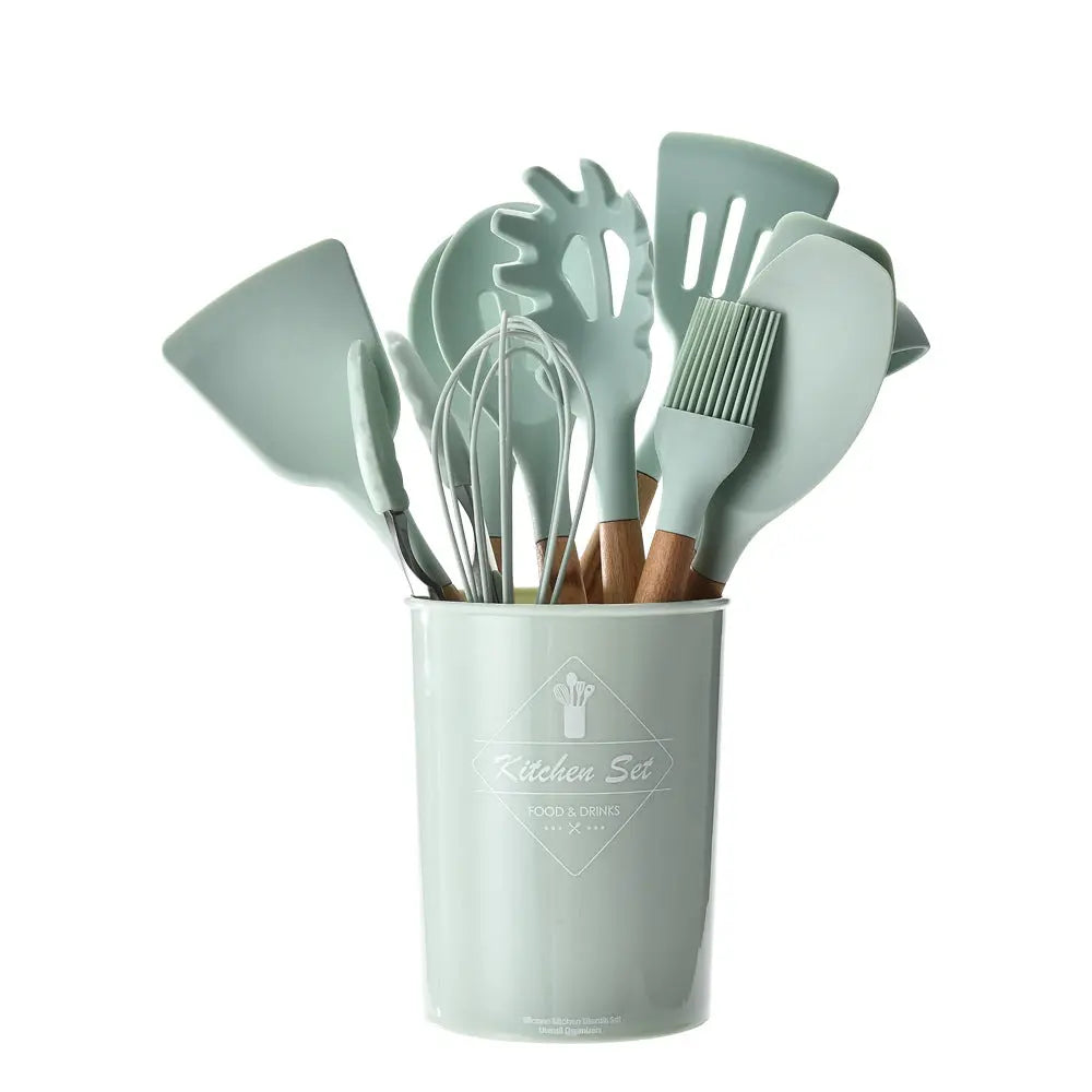 Silicone and wood handle kitchen utensil set in an alternate color