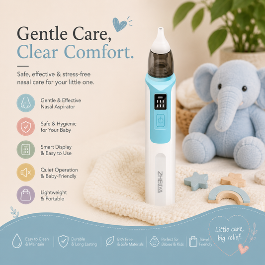 White and blue electric baby nasal aspirator with digital display on a knitted blanket, with features listed: gentle nasal aspirator, hygienic, smart display, quiet operation, lightweight and portable