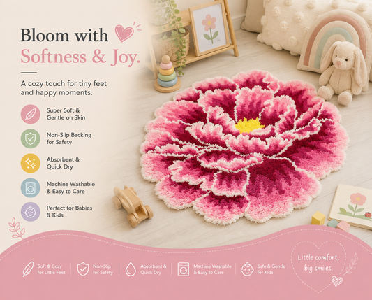 Pink peony flower mat on a nursery floor, with features listed: super soft, non-slip backing, absorbent and quick dry, machine washable, suitable for babies and kids