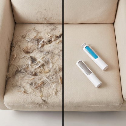 Split frame showing a couch before and after using the pet hair remover brush