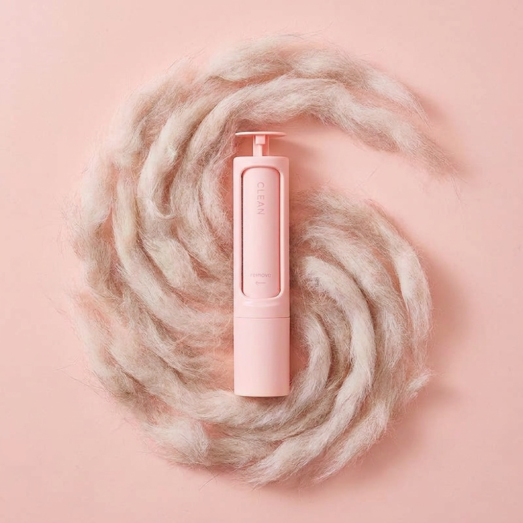 Top-down flat lay of the pet hair remover brush surrounded by collected fur