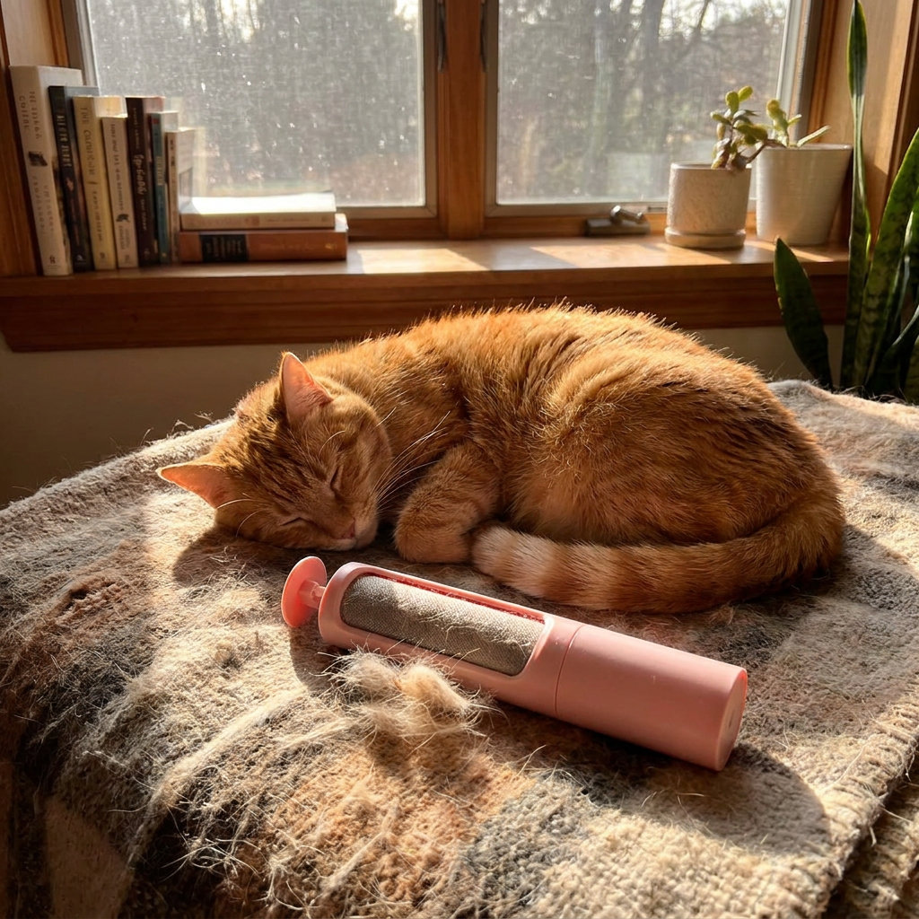 Warm lifestyle photo of a cat lounging near the pet hair remover brush