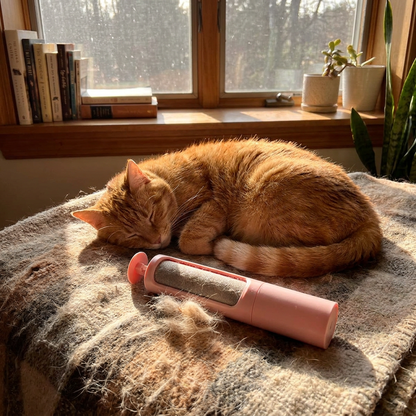 Warm lifestyle photo of a cat lounging near the pet hair remover brush