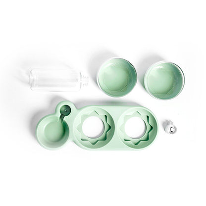 Pet double bowl with water fountain shown with size dimensions