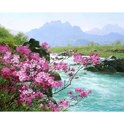 Hand-painted pink floral landscape oil painting, alternate lighting angle